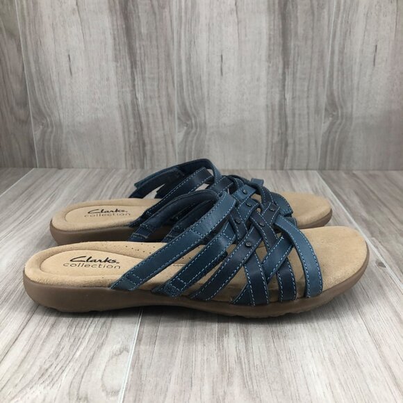 Clarks Sandals Womens 8 Elizabelle Rio Blue Leather Slip On Comfort Shoes - Picture 1 of 10